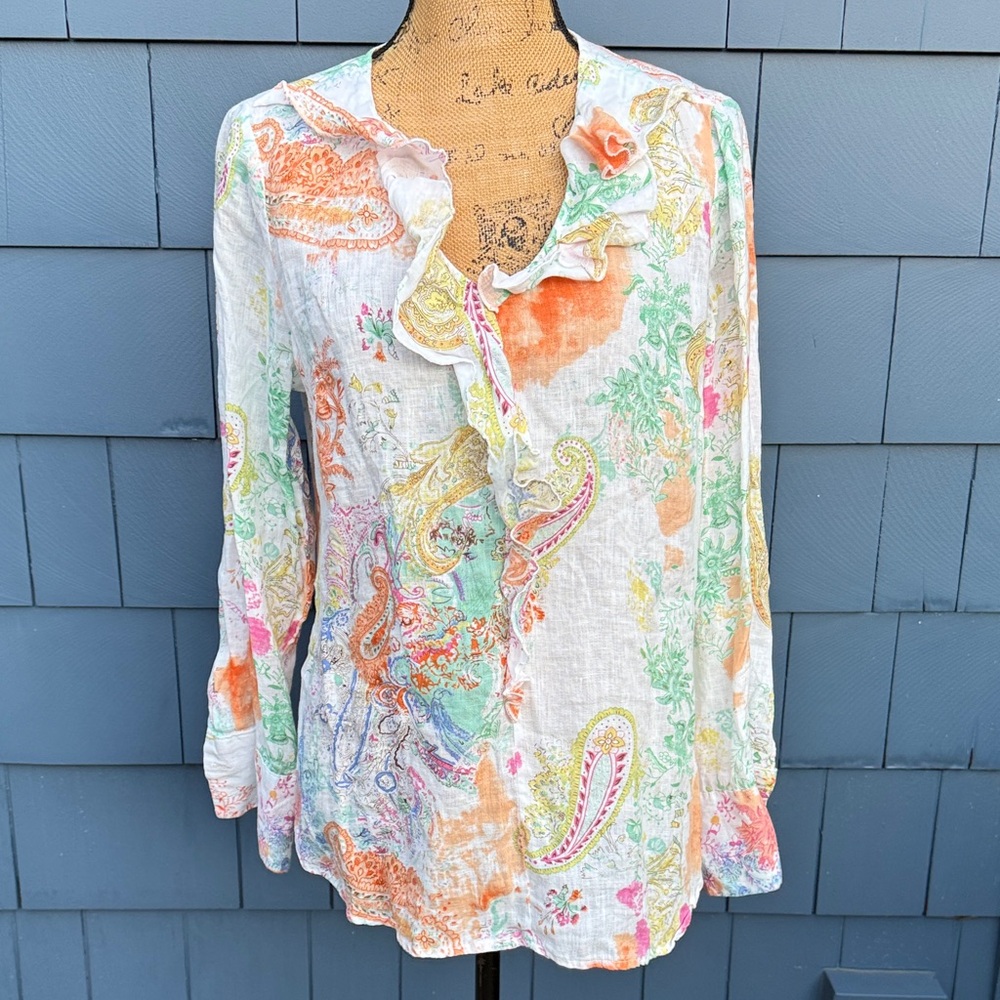 Soft Surroundings Multicolor Paisley Ruffle Blouse linen medium orange white